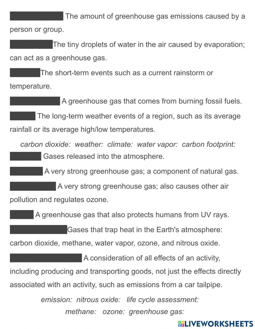 Carbon Cycle Vocabulary Worksheet Carbon Cycle Vocabulary Worksheet