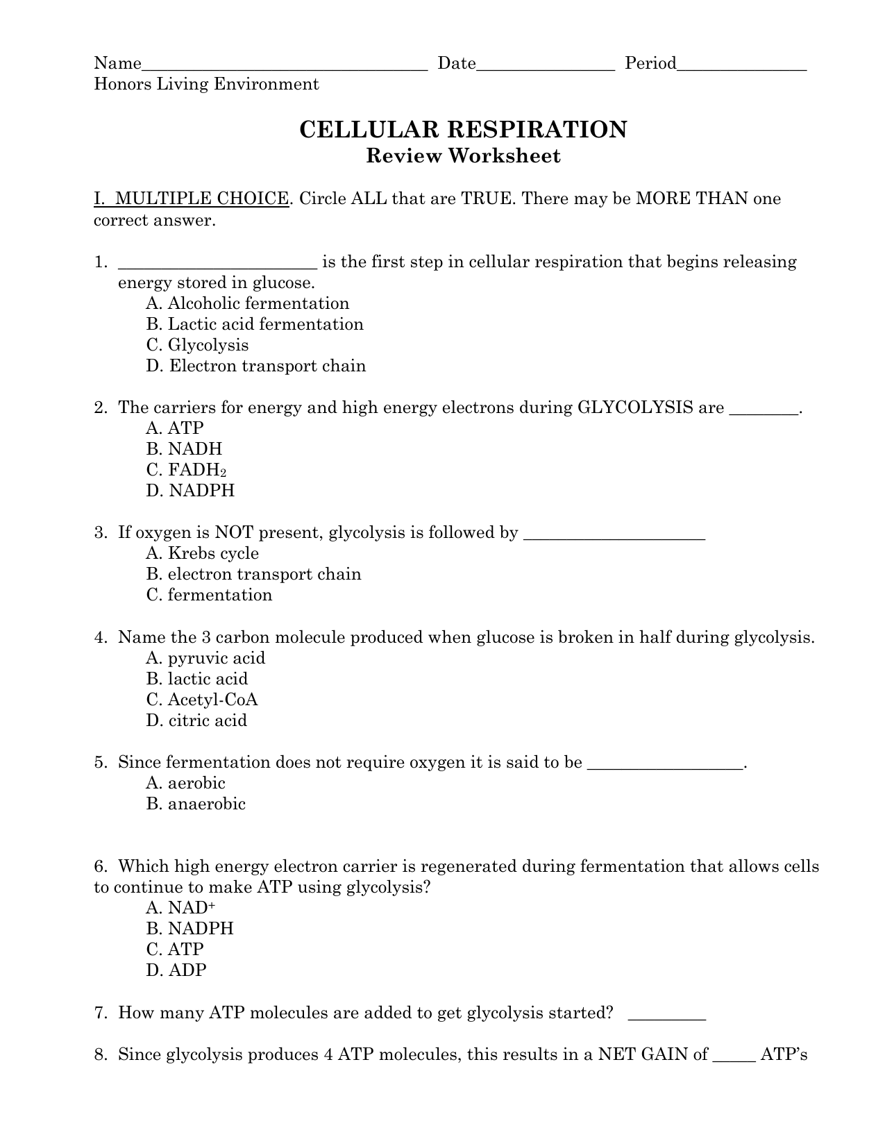 Cellular Respiration Review Worksheet Cellular Respiration Review Worksheet