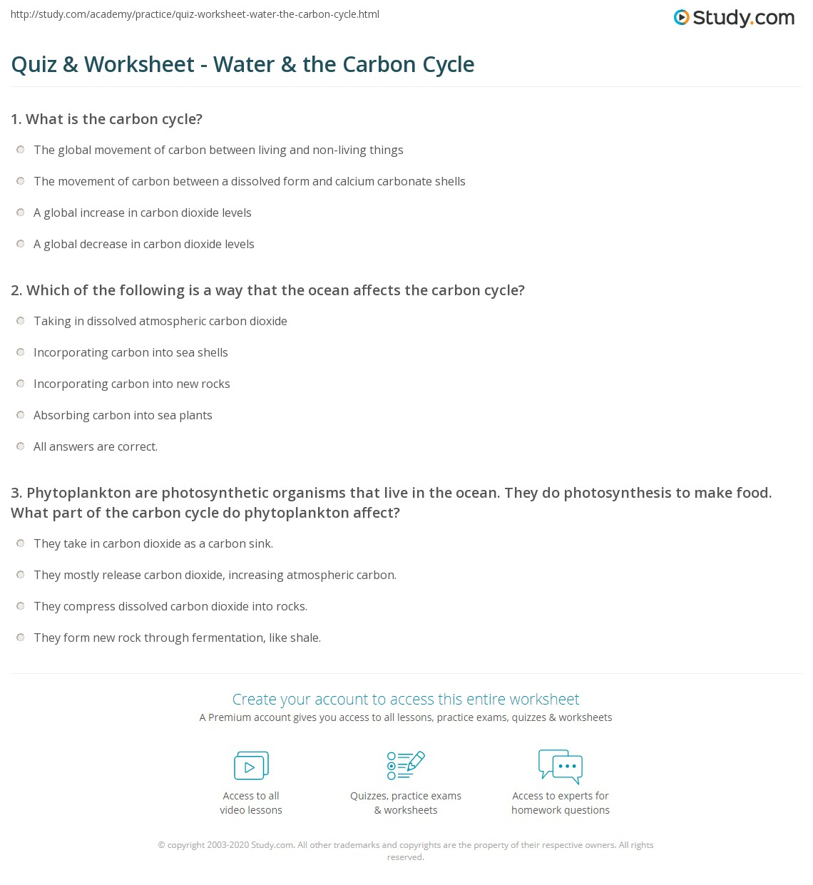 Quiz Worksheet Water The Carbon Cycle Study Quiz Worksheet Water The Carbon Cycle Study