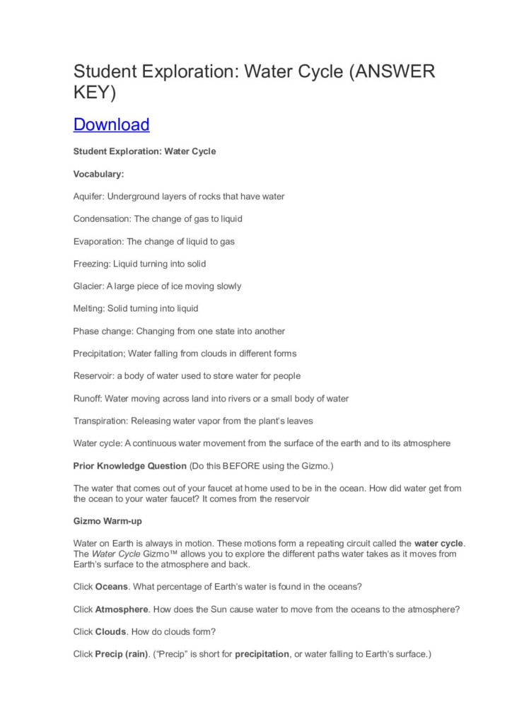 Water Cycle Worksheet Answer Key